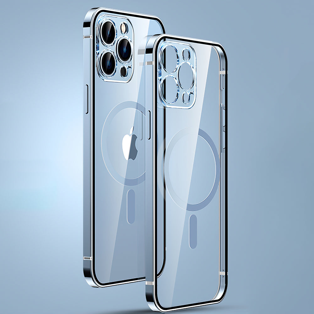 For iPhone 14 Pro Max Anti-drop Magnetic Phone Case Compatible with Magsafe Metal Frame Phone Shell with Tempered Glass Camera Lens Cover