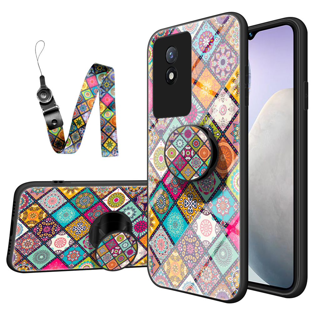 For vivo Y02 4G Tempered Glass Protective Phone Case Flower Pattern PC TPU Anti-Scratch Kickstand Anti-fall Cover with Lanyard