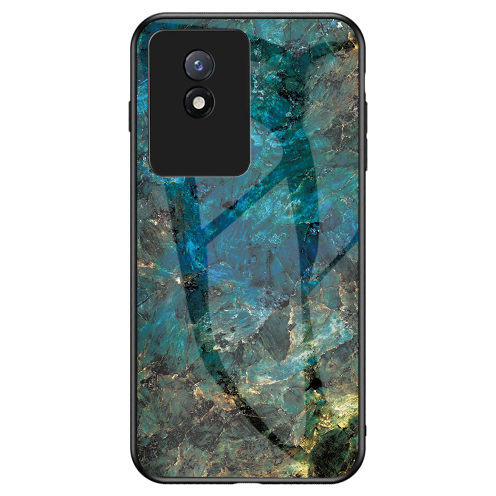 For vivo Y02 4G Marble Pattern Printing Tempered Glass Phone Back Cover PC TPU Anti-fall Smartphone Case