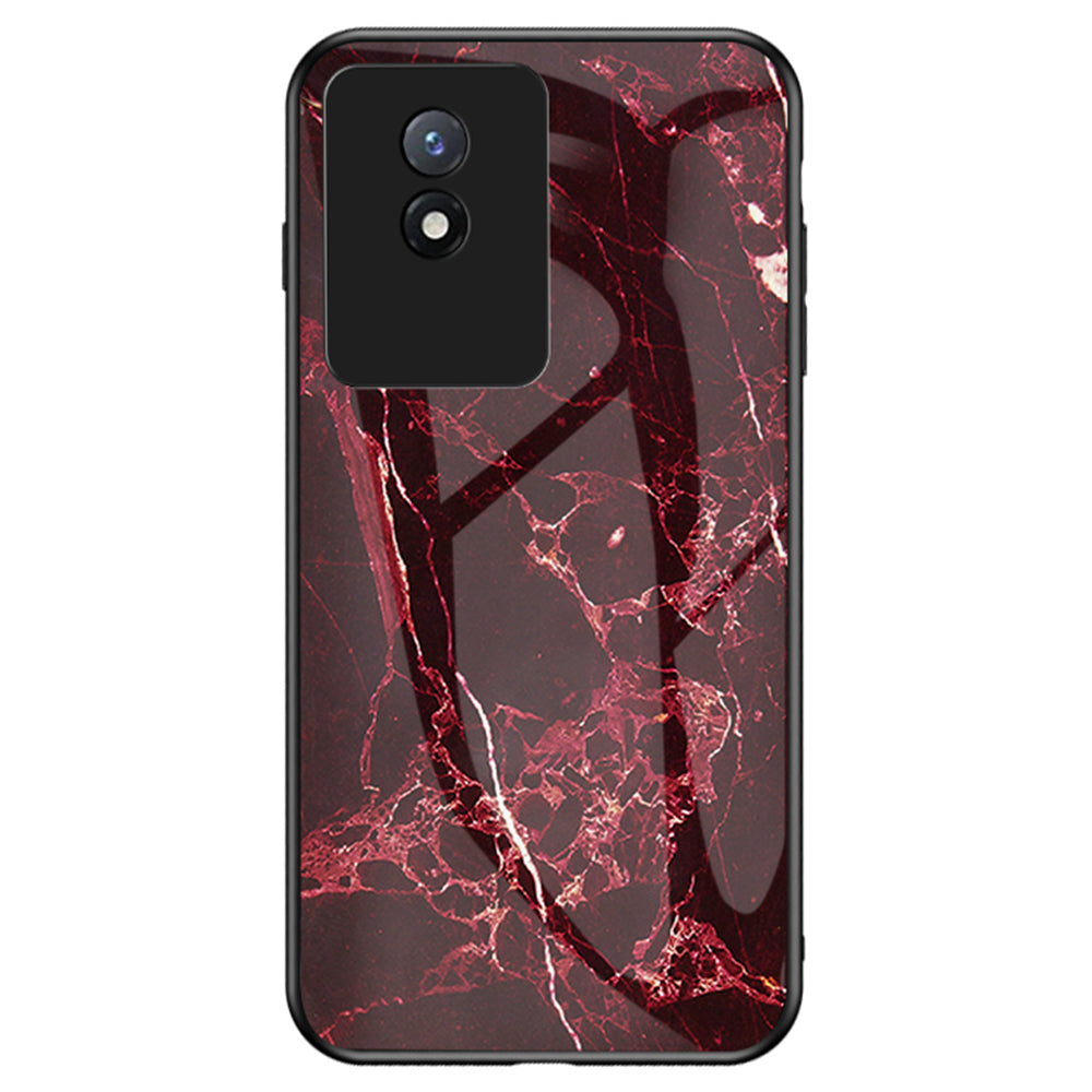For vivo Y02 4G Marble Pattern Printing Tempered Glass Phone Back Cover PC TPU Anti-fall Smartphone Case
