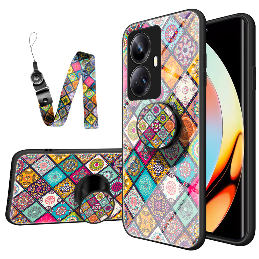 For Realme 10 Pro 5G Flower Pattern Phone Case Kickstand PC TPU Tempered Glass Scratch-resistant Back Cover with Lanyard
