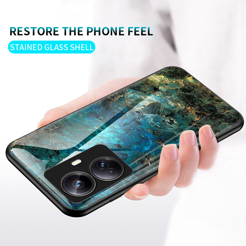 Drop-proof PC TPU Phone Case For Realme 10 Pro 5G Marble Pattern Printing Tempered Glass Back Cover