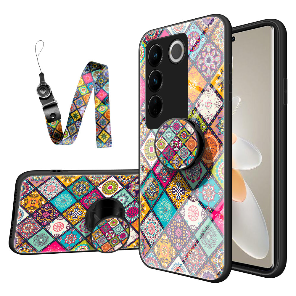 Flower Pattern Phone Case For vivo S16 S16 Pro Tempered Glass PC TPU Kickstand Phone Cover with Lanyard