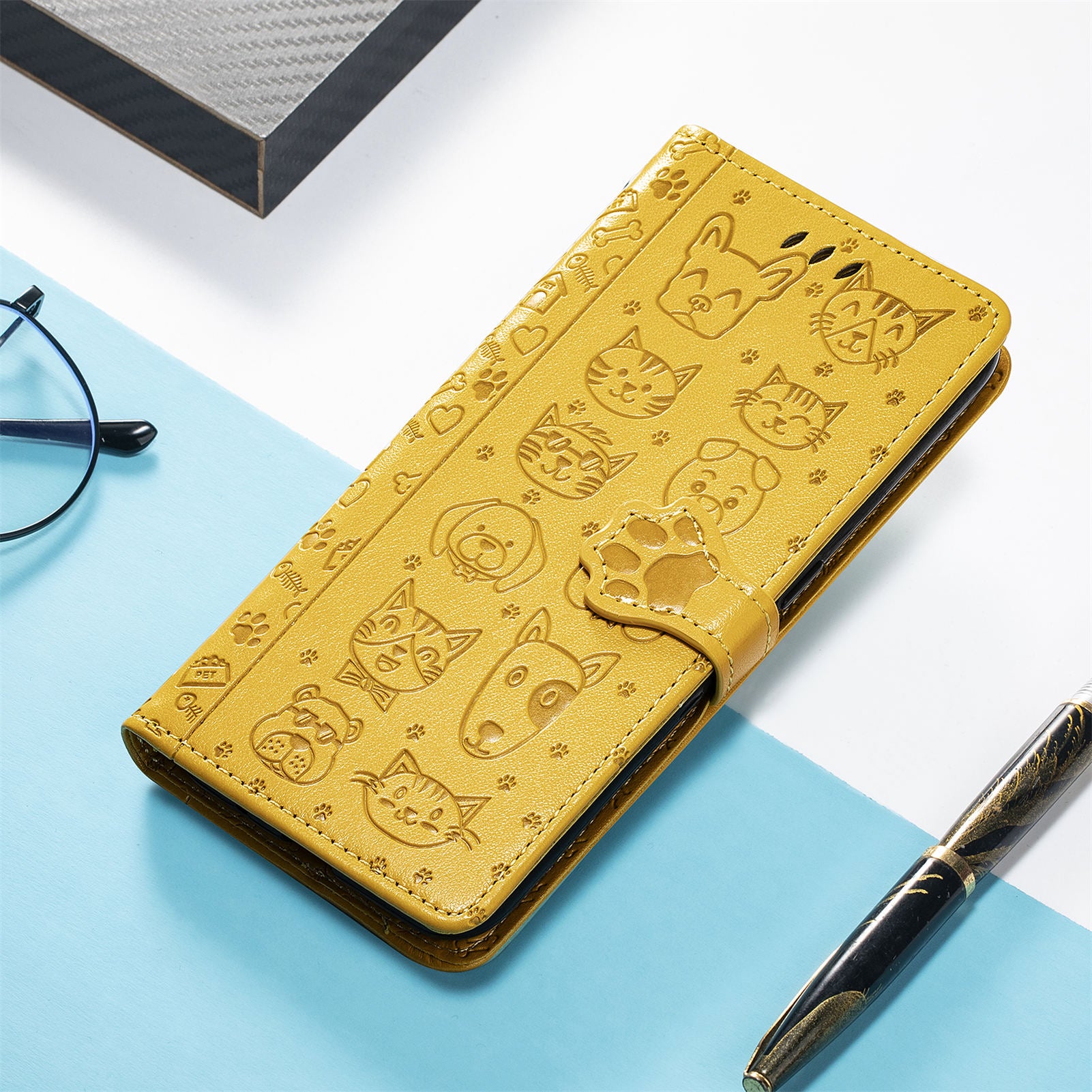 For Samsung Galaxy A54 5G PU Leather Wallet Cover Imprinted Cat Dog Pattern Anti-scratch Phone Stand Case