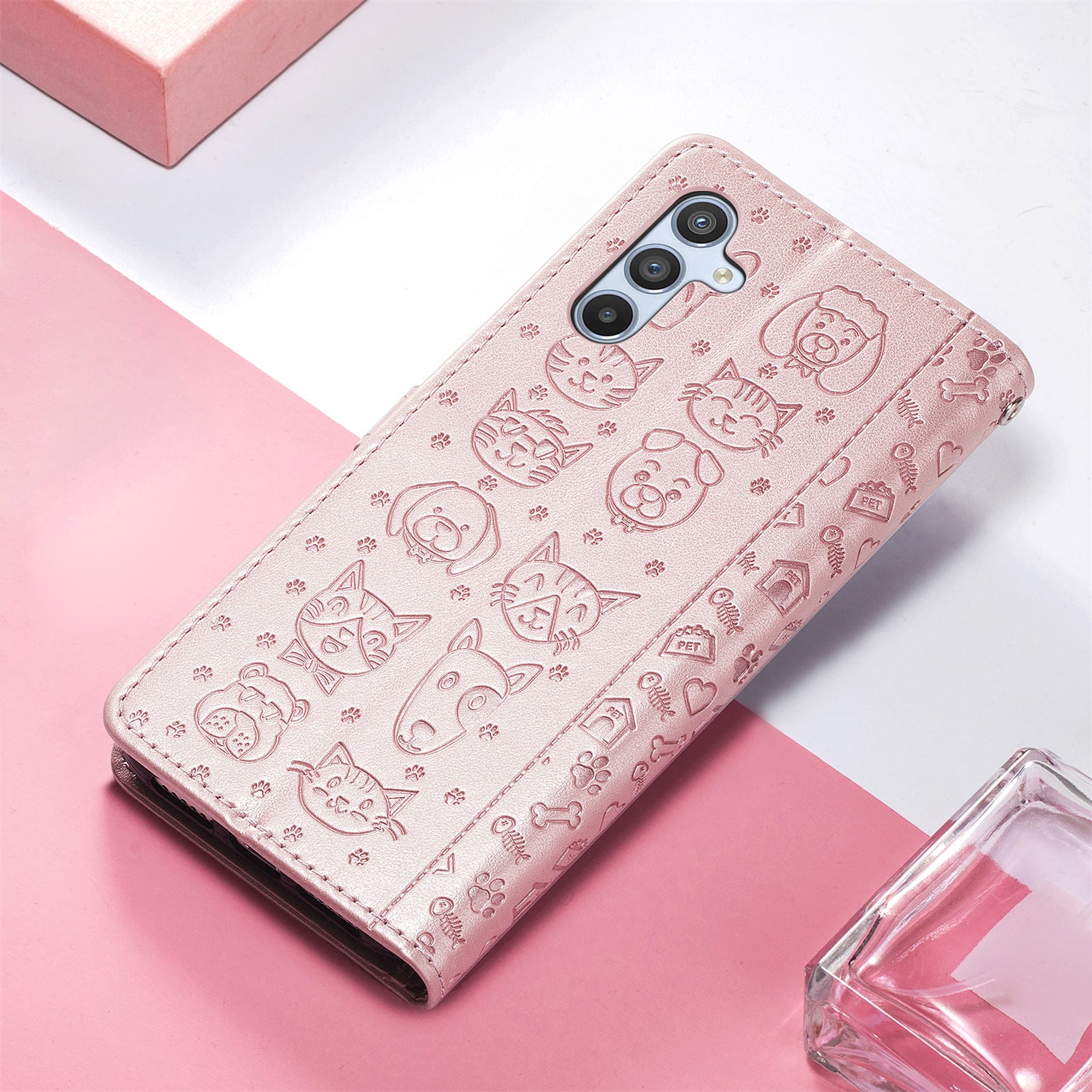 For Samsung Galaxy A54 5G PU Leather Wallet Cover Imprinted Cat Dog Pattern Anti-scratch Phone Stand Case