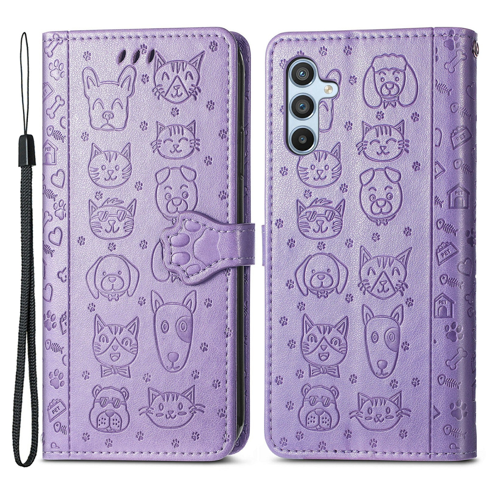 For Samsung Galaxy A54 5G PU Leather Wallet Cover Imprinted Cat Dog Pattern Anti-scratch Phone Stand Case