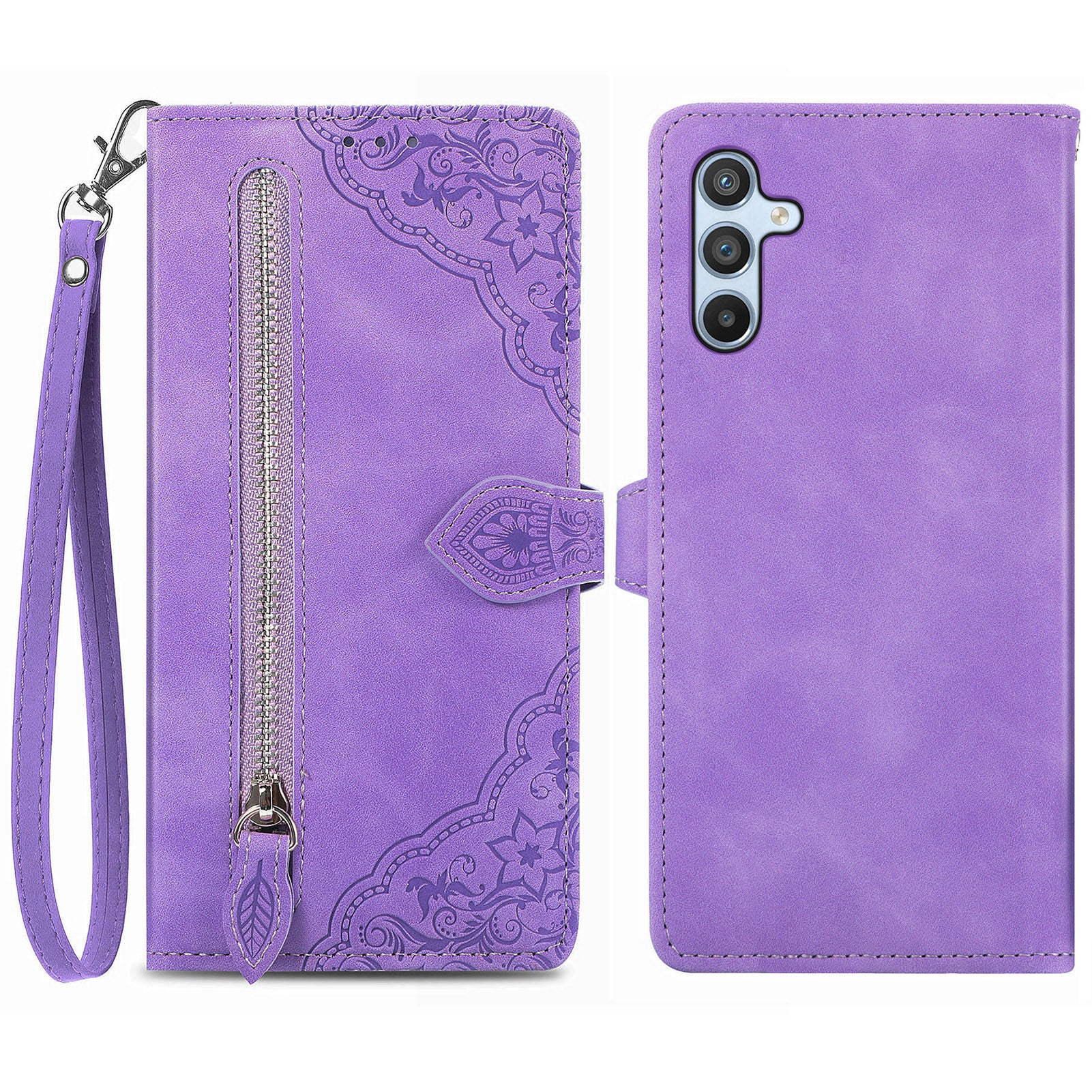 For Samsung Galaxy A54 5G Flower Imprinted Pattern PU Leather Zipper Pocket Case Wallet Stand Phone Cover