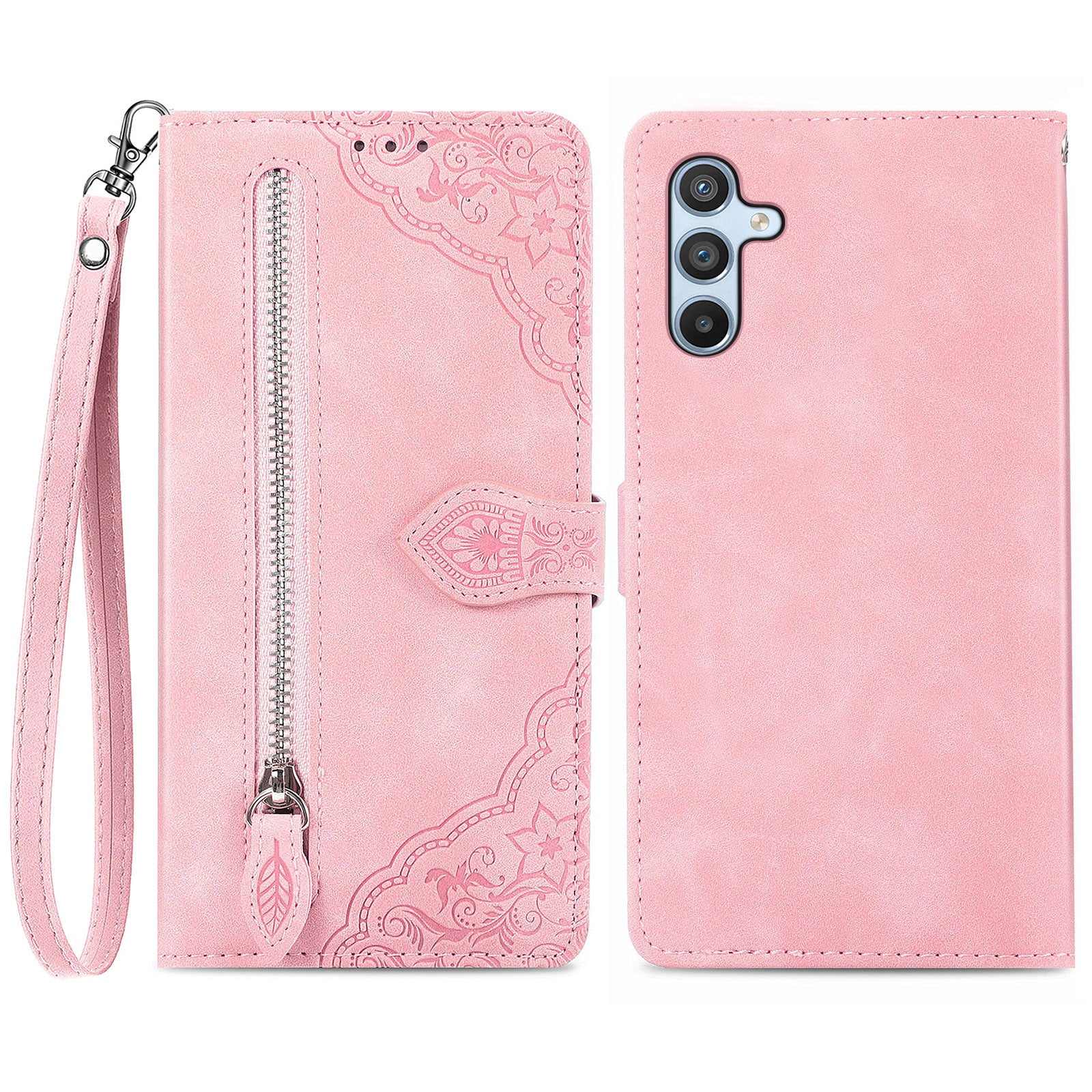 Til Samsung Galaxy A54 5G Flower Imprinted Pattern PU Læder Lynlås Pocket Case Pung Stand Telefon Cover