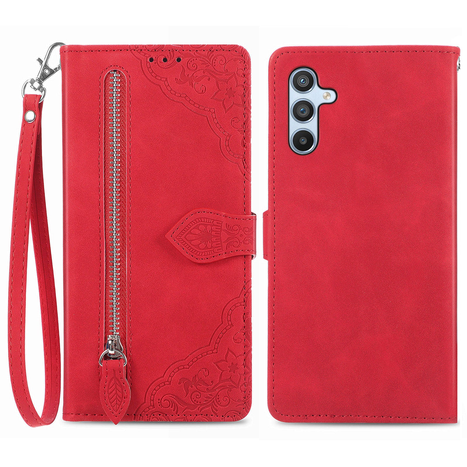 Til Samsung Galaxy A54 5G Flower Imprinted Pattern PU Læder Lynlås Pocket Case Pung Stand Telefon Cover