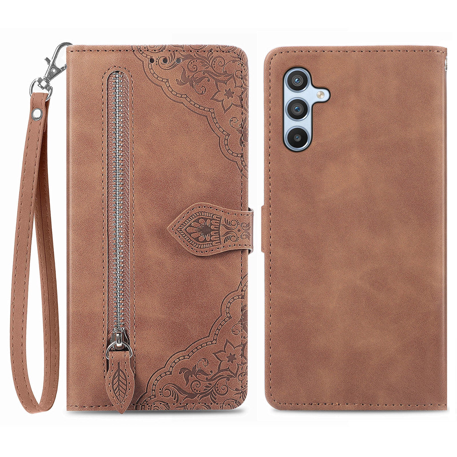 Til Samsung Galaxy A54 5G Flower Imprinted Pattern PU Læder Lynlås Pocket Case Pung Stand Telefon Cover