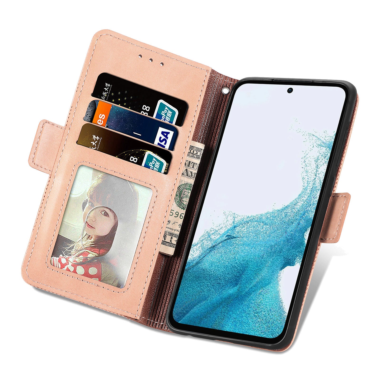 Til Samsung Galaxy A54 5G tværtrekant form præget telefonetui Standpung PU læder TPU cover