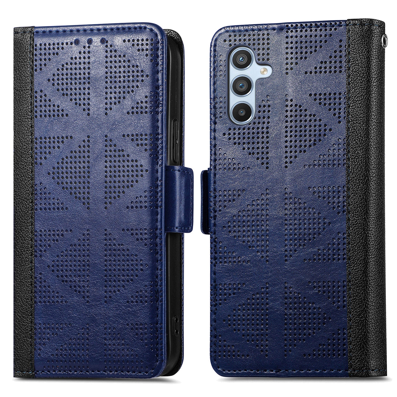 Til Samsung Galaxy A54 5G tværtrekant form præget telefonetui Standpung PU læder TPU cover