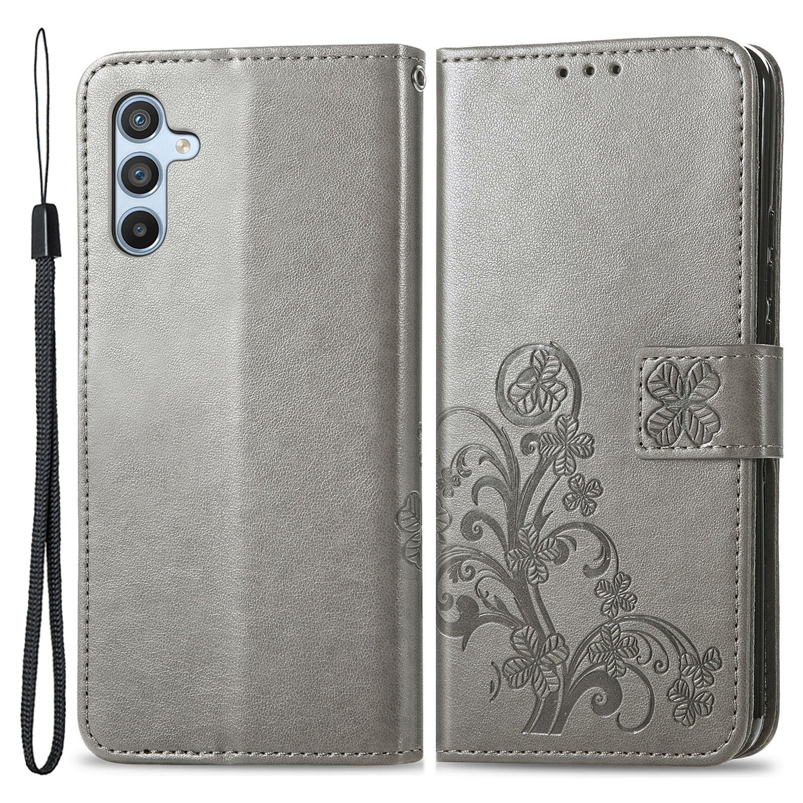 For Samsung Galaxy A54 5G Four-leaf Clover Imprinted Stand Wallet Phone Case PU Leather Protective Cover with Wrist Strap