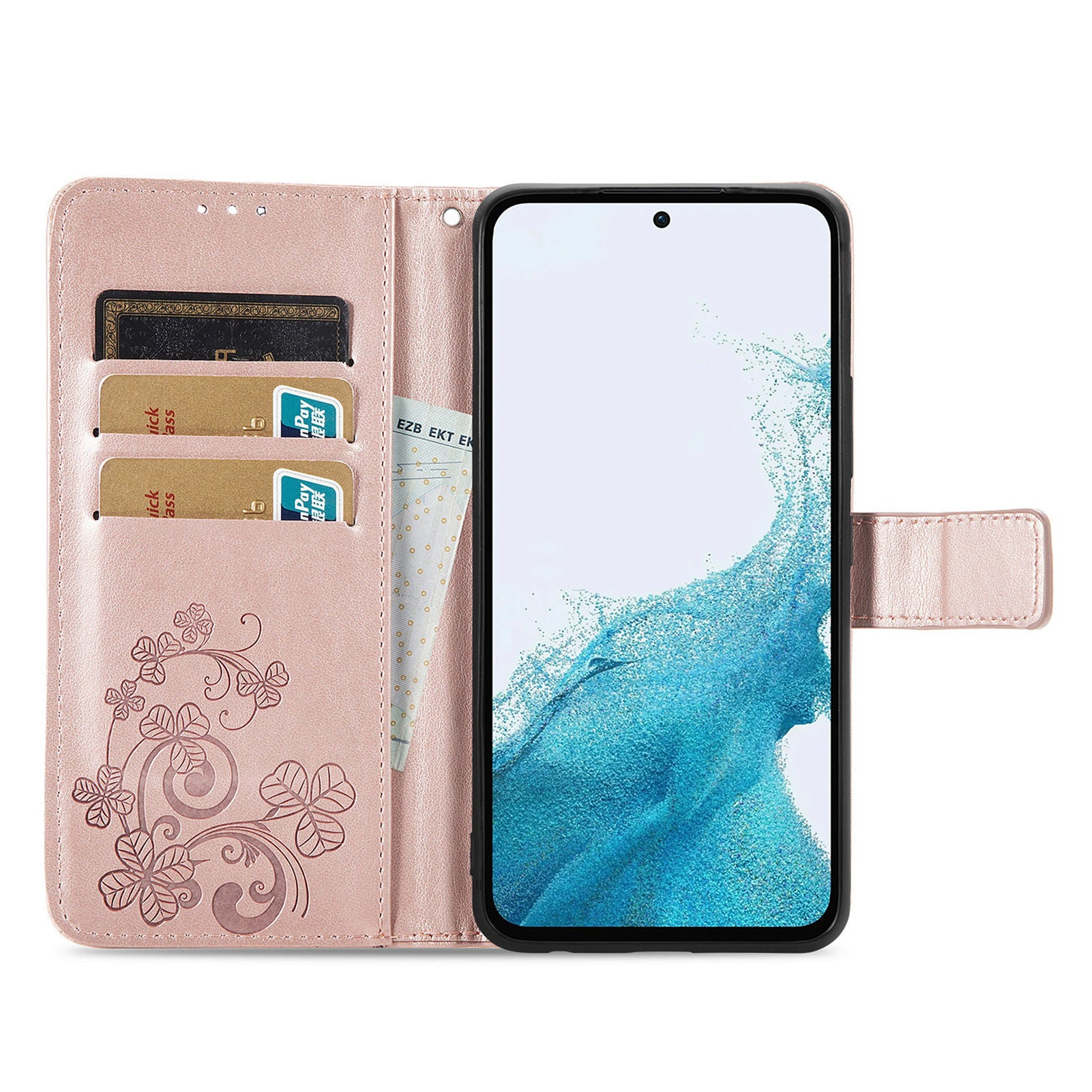 Til Samsung Galaxy A54 5G Firkløver præget stativ tegnebog telefonetui PU læder beskyttelsescover med håndledsrem