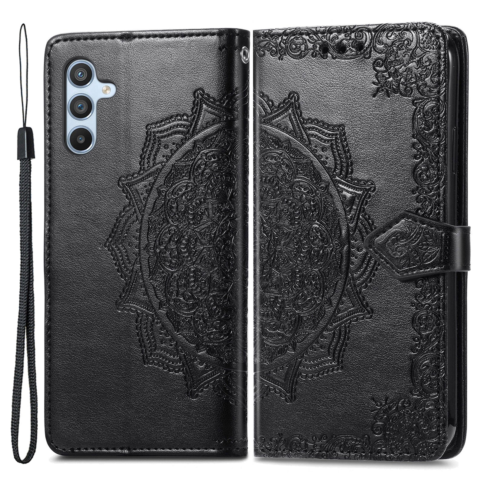 For Samsung Galaxy A54 5G Embossed Mandala Pattern PU Leather Stand Case Magnetic Clasp Wallet Cover with Strap