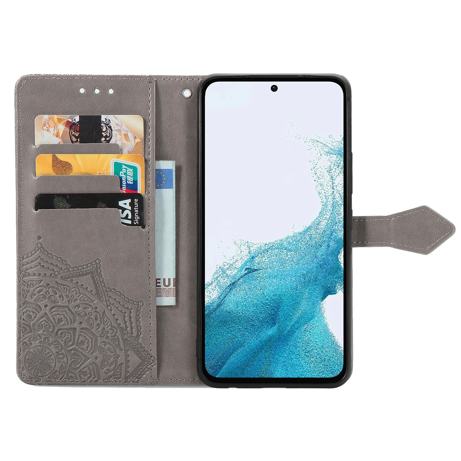 Til Samsung Galaxy A54 5G præget mandala mønster PU læder stativ etui Magnetisk lås tegnebogscover med rem