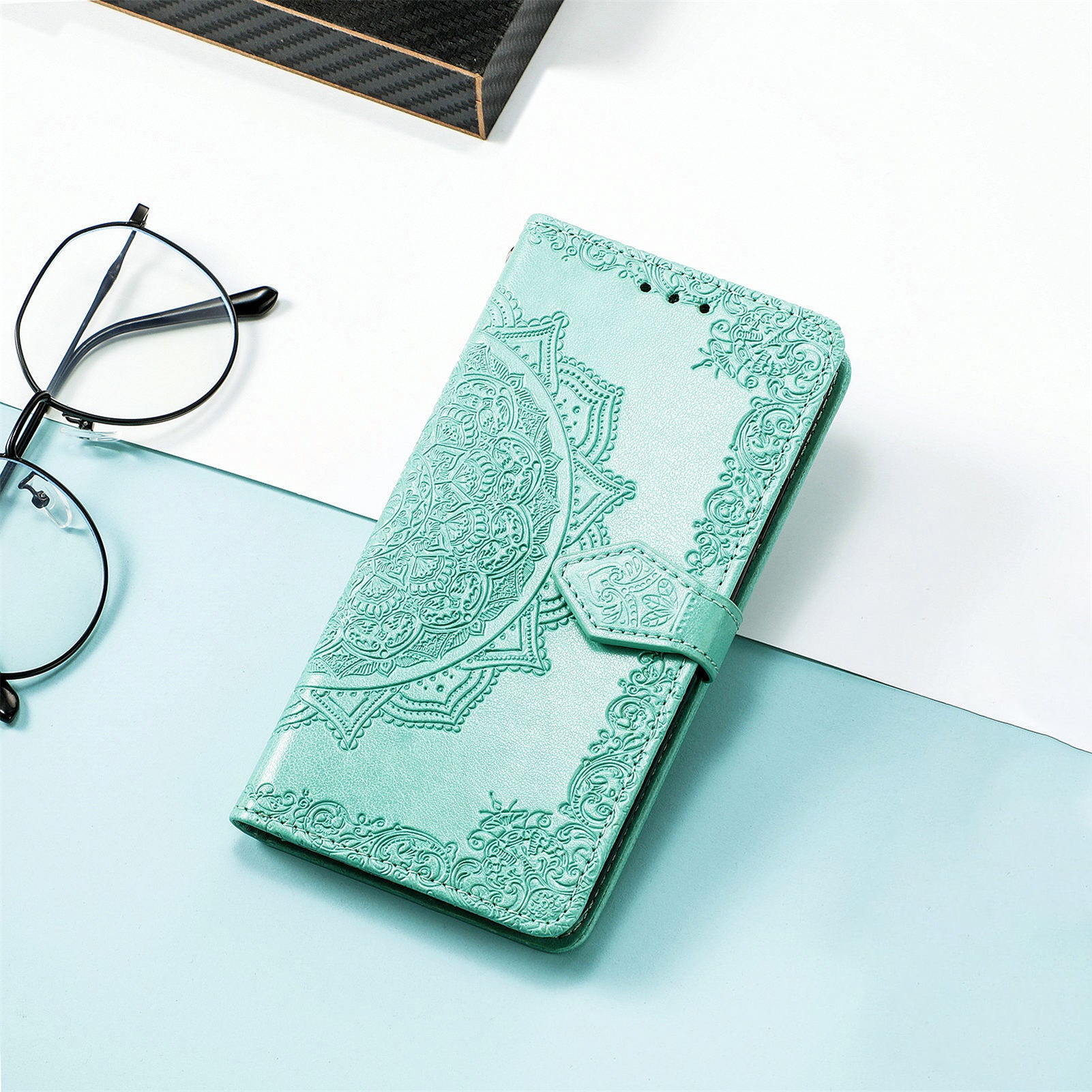 Til Samsung Galaxy A54 5G præget mandala mønster PU læder stativ etui Magnetisk lås tegnebogscover med rem