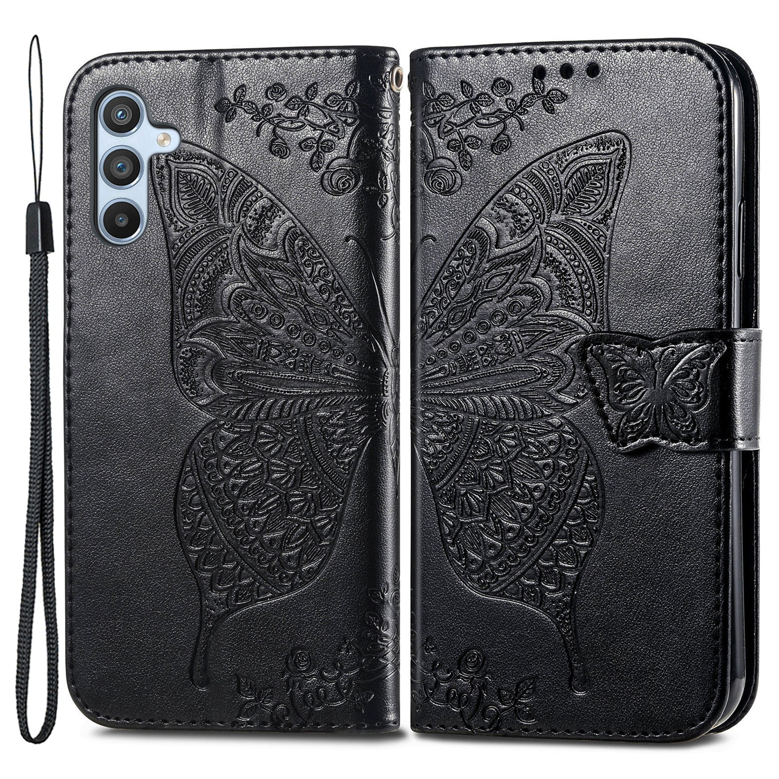 For Samsung Galaxy A54 5G PU Leather Imprinted Butterfly Pattern Phone Case Stand Wallet Folio Flip Cover with Strap