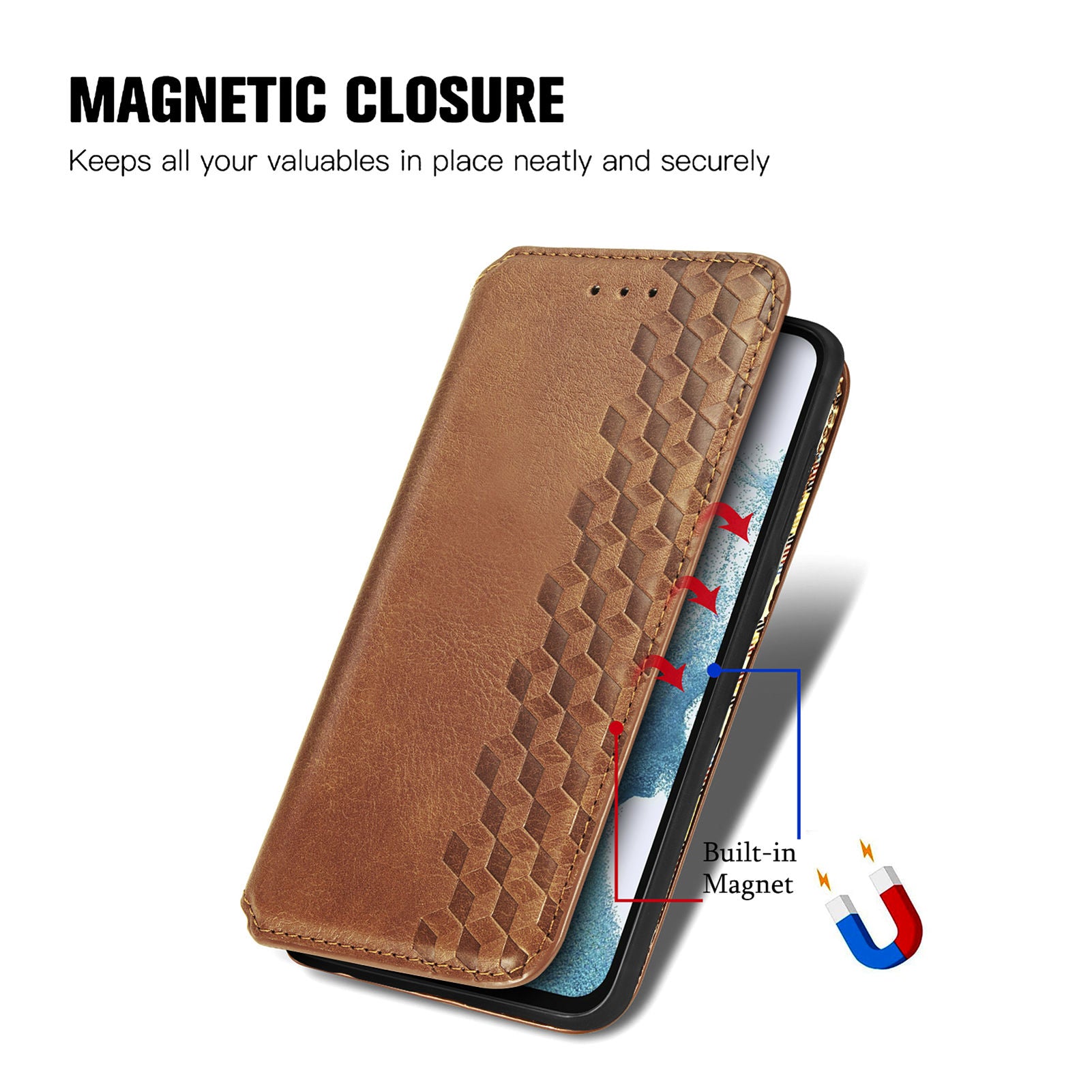 For Samsung Galaxy A54 5G Anti-Scratch PU Leather Rhombus Imprinted Cover Magnetic Auto-absorbed Stand Wallet Flip Phone Case