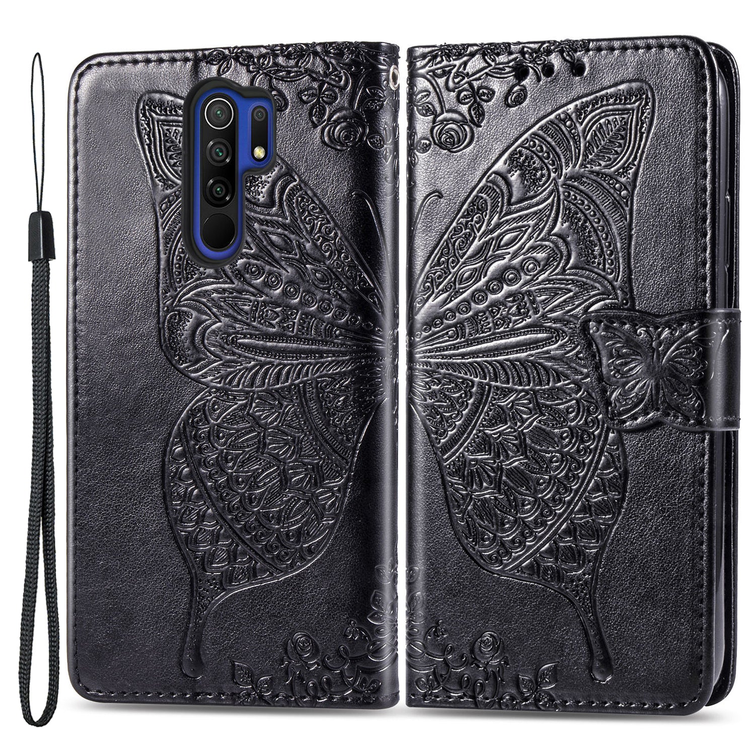 For Xiaomi Redmi 9 Anti-Scratch PU Leather Magnetic Closure Phone Wallet Cover Imprinted Butterfly Pattern Stand Case