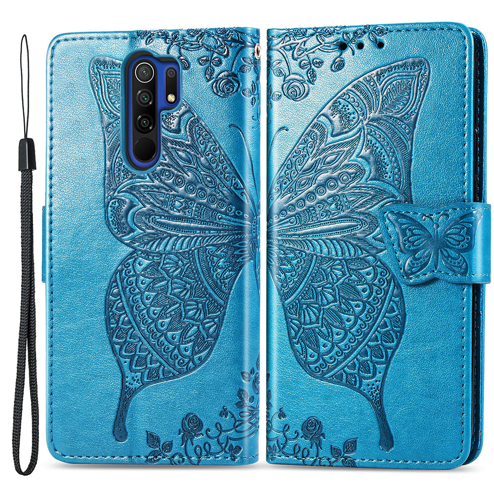 For Xiaomi Redmi 9 Anti-Scratch PU Leather Magnetic Closure Phone Wallet Cover Imprinted Butterfly Pattern Stand Case