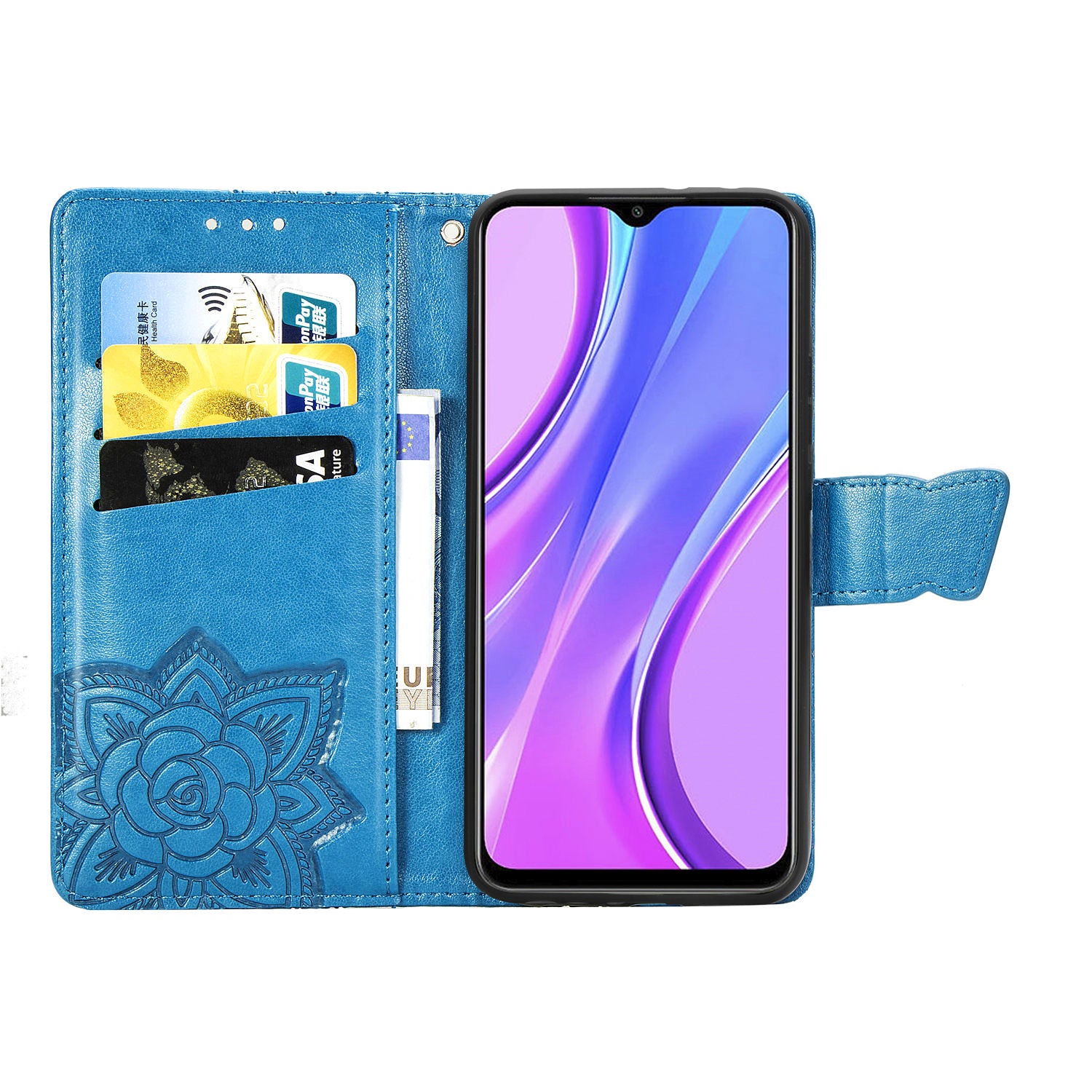 For Xiaomi Redmi 9 Anti-Scratch PU Leather Magnetic Closure Phone Wallet Cover Imprinted Butterfly Pattern Stand Case