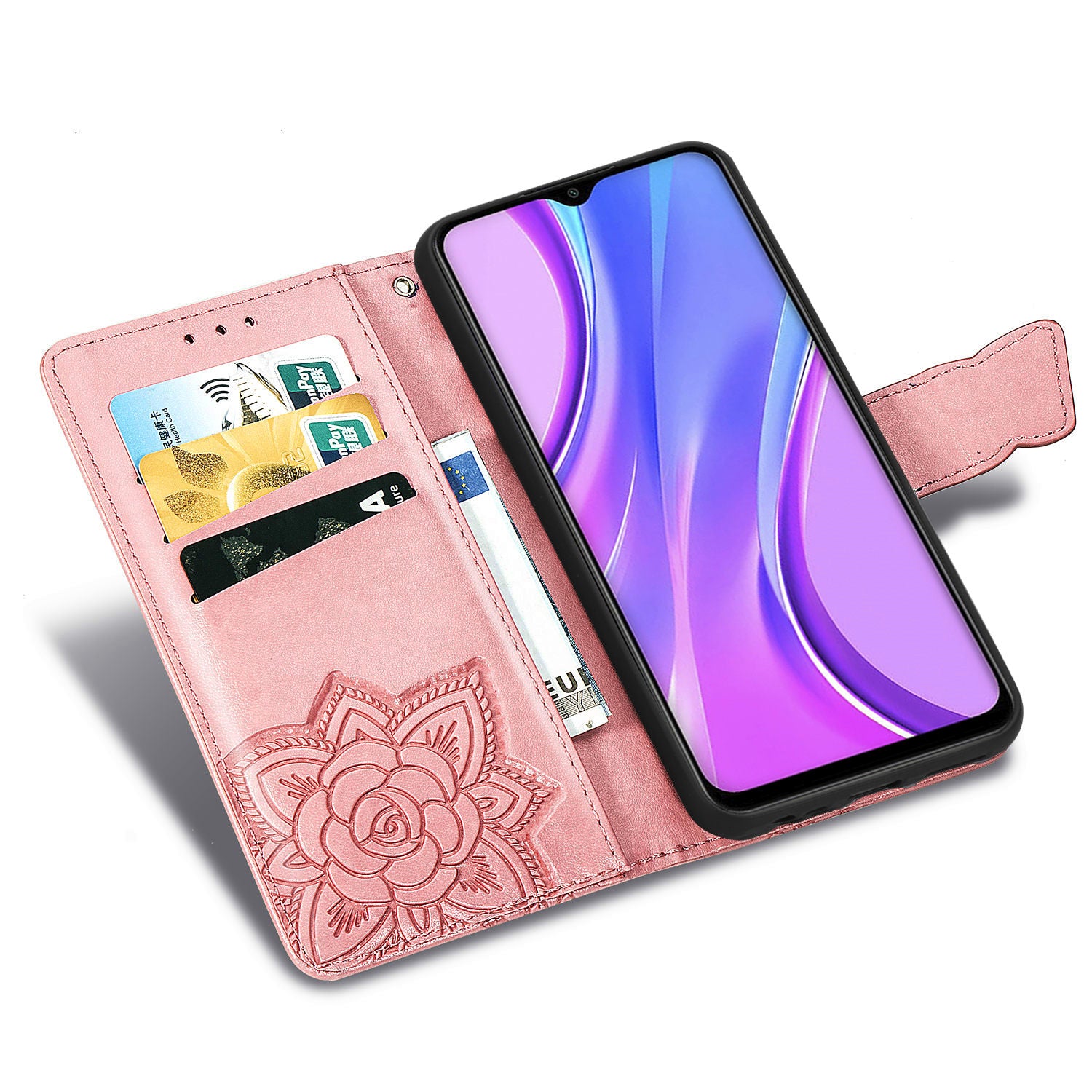 For Xiaomi Redmi 9 Anti-Scratch PU Leather Magnetic Closure Phone Wallet Cover Imprinted Butterfly Pattern Stand Case