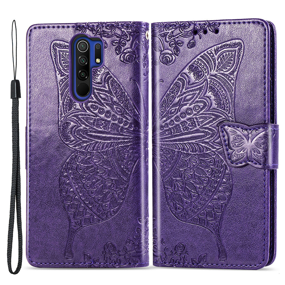 For Xiaomi Redmi 9 Anti-Scratch PU Leather Magnetic Closure Phone Wallet Cover Imprinted Butterfly Pattern Stand Case