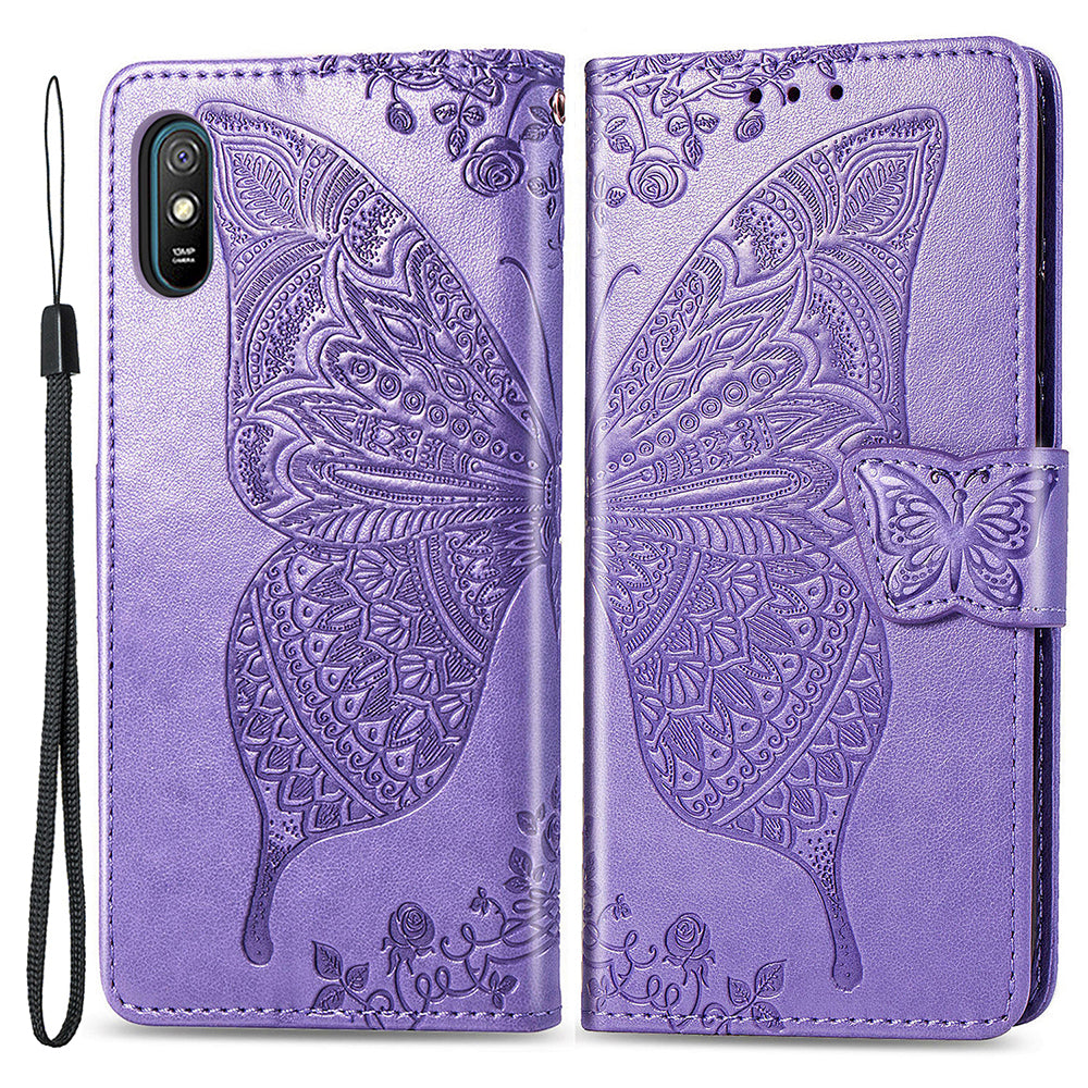 For Xiaomi Redmi 9A Mobile Phone Shell Cover Imprinted Butterfly Pattern Magnetic Closure Phone Wallet PU Leather Stand Case