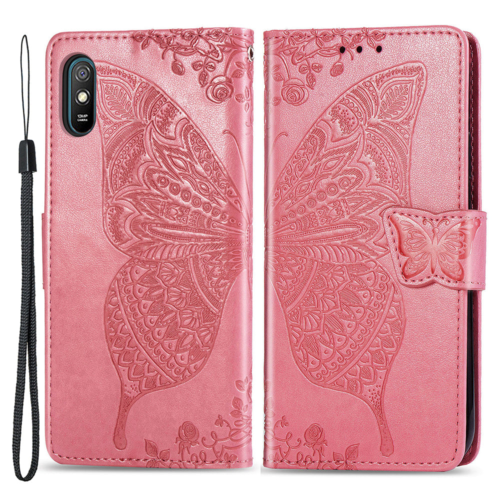 For Xiaomi Redmi 9A Mobile Phone Shell Cover Imprinted Butterfly Pattern Magnetic Closure Phone Wallet PU Leather Stand Case