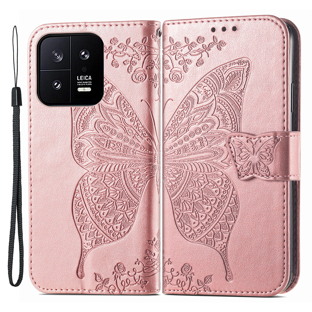 Cell Phone Case for Xiaomi 13 5G PU Leather Wallet Imprinted Butterfly Pattern Stand Phone Cover
