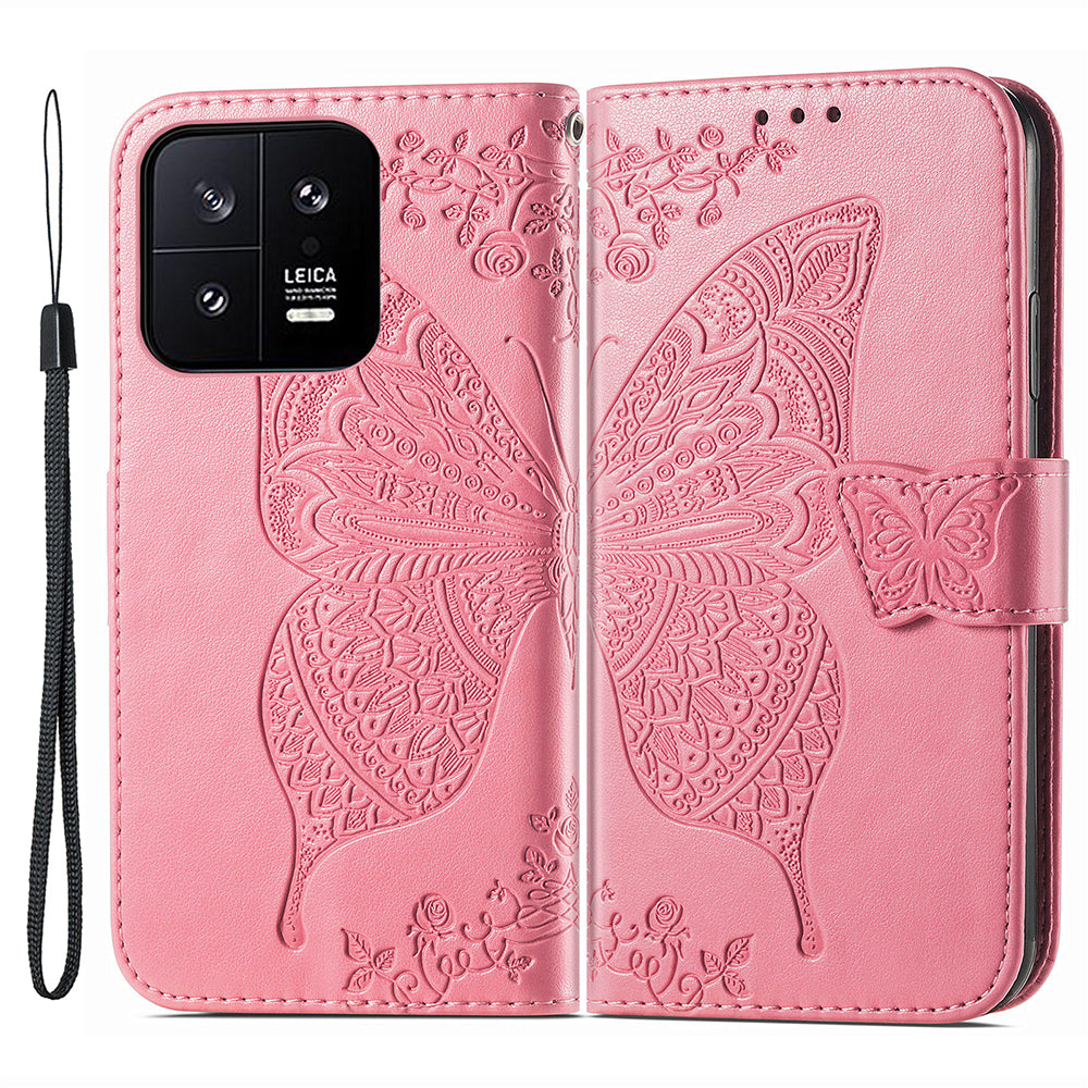Cell Phone Case for Xiaomi 13 5G PU Leather Wallet Imprinted Butterfly Pattern Stand Phone Cover