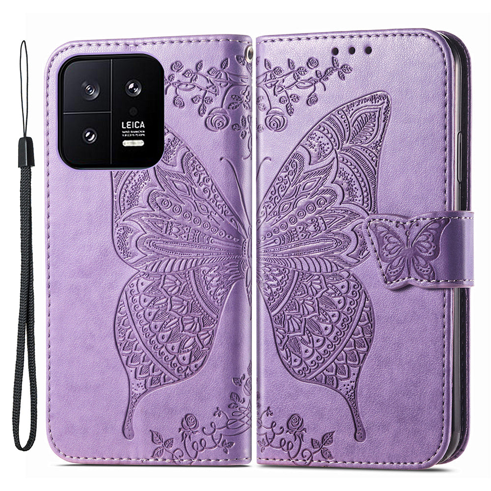 Cell Phone Case for Xiaomi 13 5G PU Leather Wallet Imprinted Butterfly Pattern Stand Phone Cover