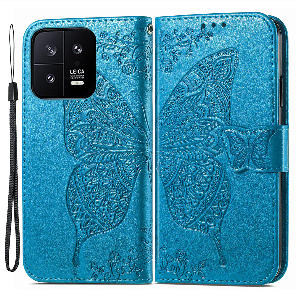 Cell Phone Case for Xiaomi 13 5G PU Leather Wallet Imprinted Butterfly Pattern Stand Phone Cover