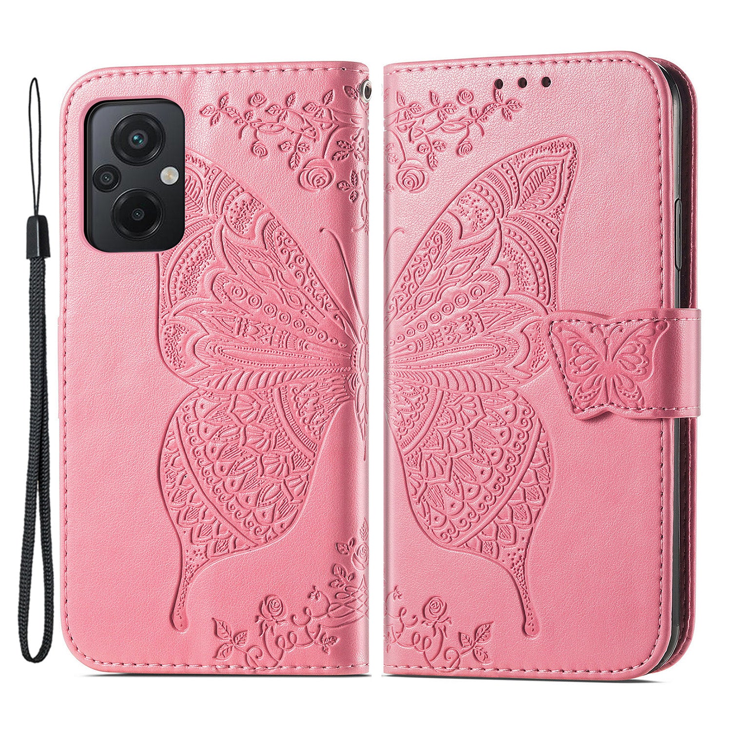 For Xiaomi Poco M5 4G Imprinted Butterfly Pattern Phone Stand Case Magnetic Clasp PU Leather Wallet Cover with Strap