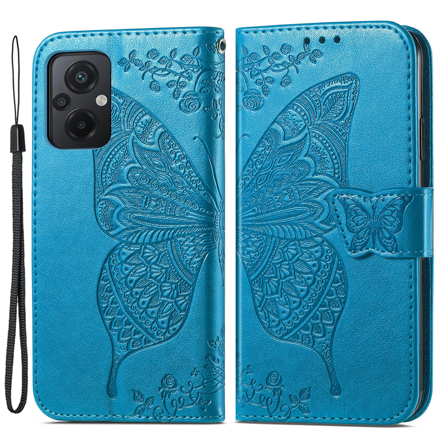 For Xiaomi Poco M5 4G Imprinted Butterfly Pattern Phone Stand Case Magnetic Clasp PU Leather Wallet Cover with Strap