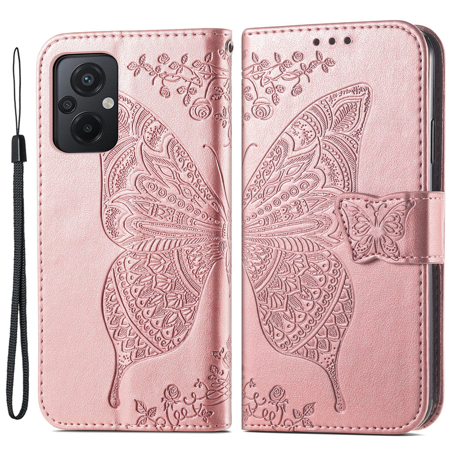 For Xiaomi Poco M5 4G Imprinted Butterfly Pattern Phone Stand Case Magnetic Clasp PU Leather Wallet Cover with Strap