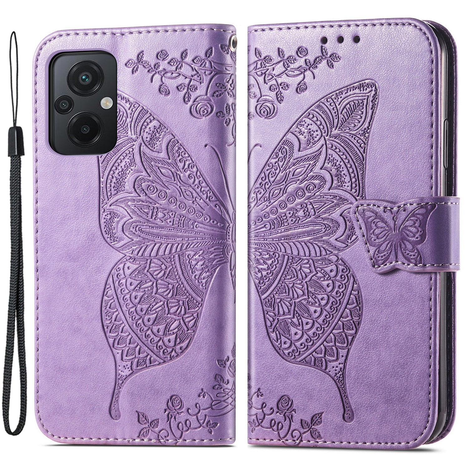 For Xiaomi Poco M5 4G Imprinted Butterfly Pattern Phone Stand Case Magnetic Clasp PU Leather Wallet Cover with Strap
