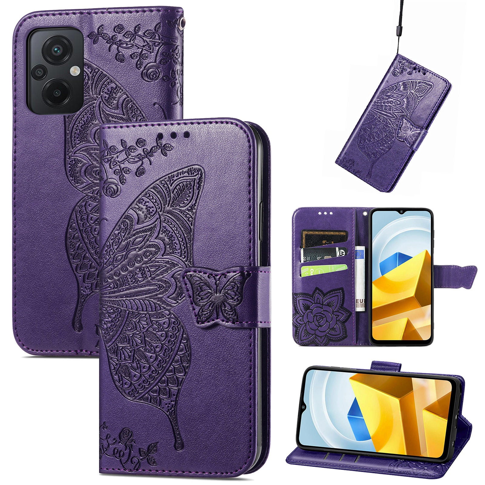 For Xiaomi Poco M5 4G Imprinted Butterfly Pattern Phone Stand Case Magnetic Clasp PU Leather Wallet Cover with Strap