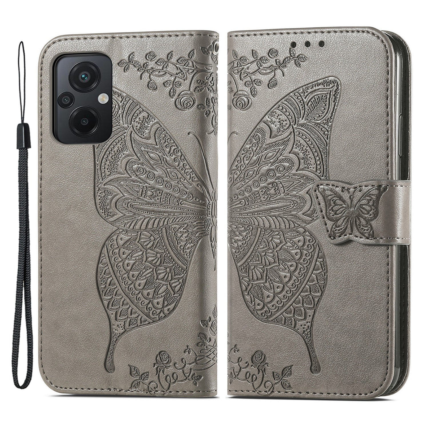 For Xiaomi Poco M5 4G Imprinted Butterfly Pattern Phone Stand Case Magnetic Clasp PU Leather Wallet Cover with Strap