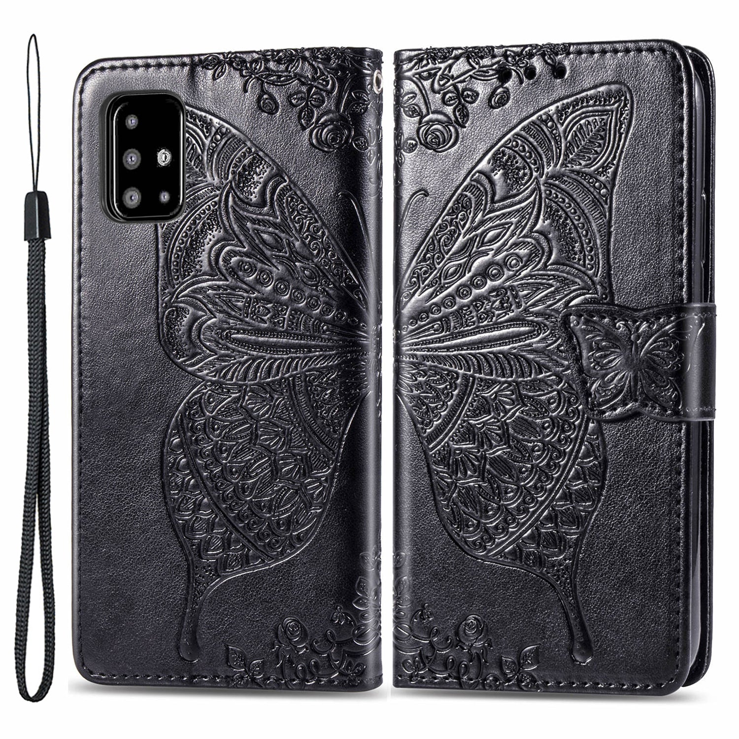 For Samsung Galaxy A51 4G SM-A515 Imprinted Butterfly Pattern Anti-scratch Phone Case PU Leather Stand Wallet Cover with Strap
