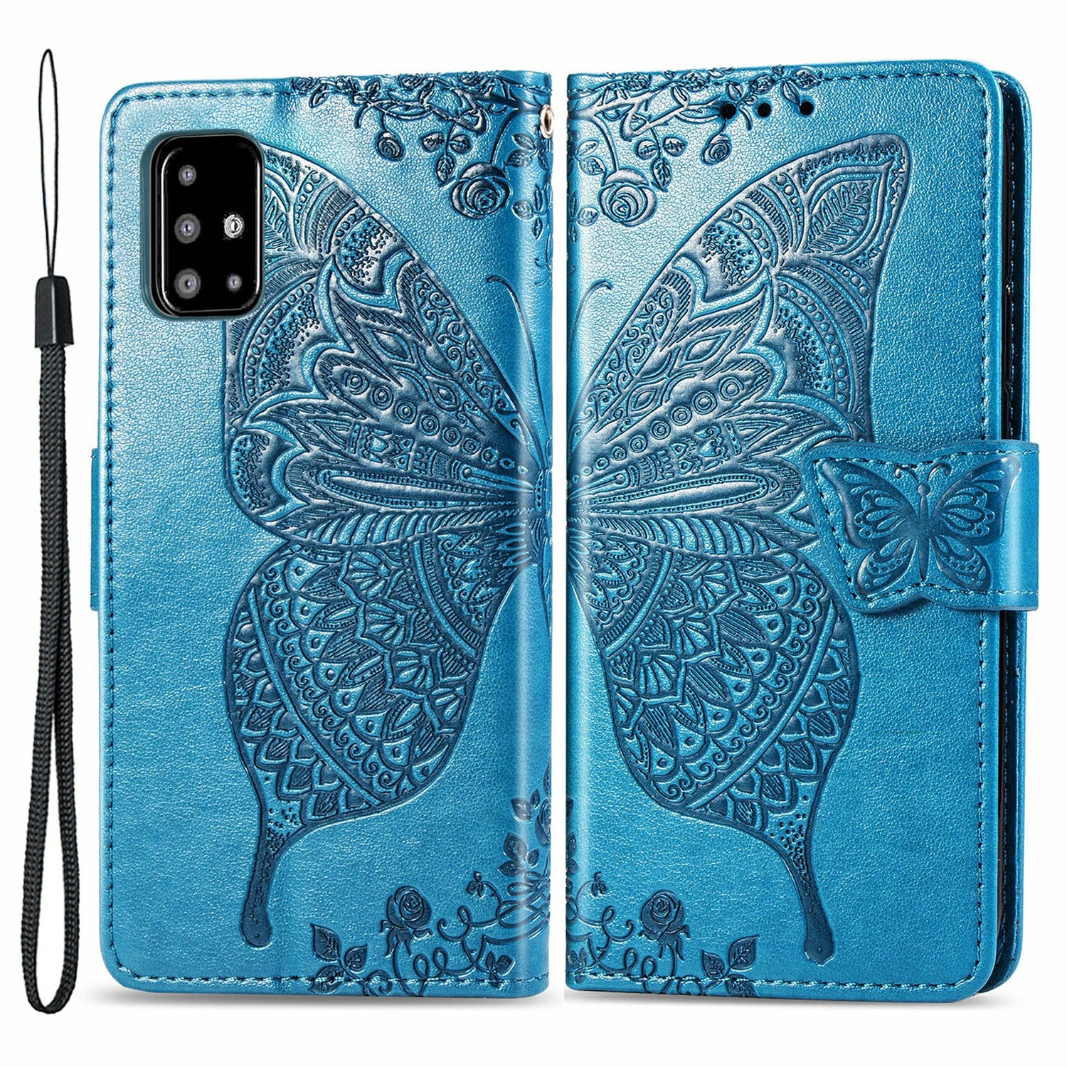 Til Samsung Galaxy A51 4G SM-A515 påtrykt sommerfuglemønster Anti-ridse telefonetui PU læder stativ tegnebogscover med rem
