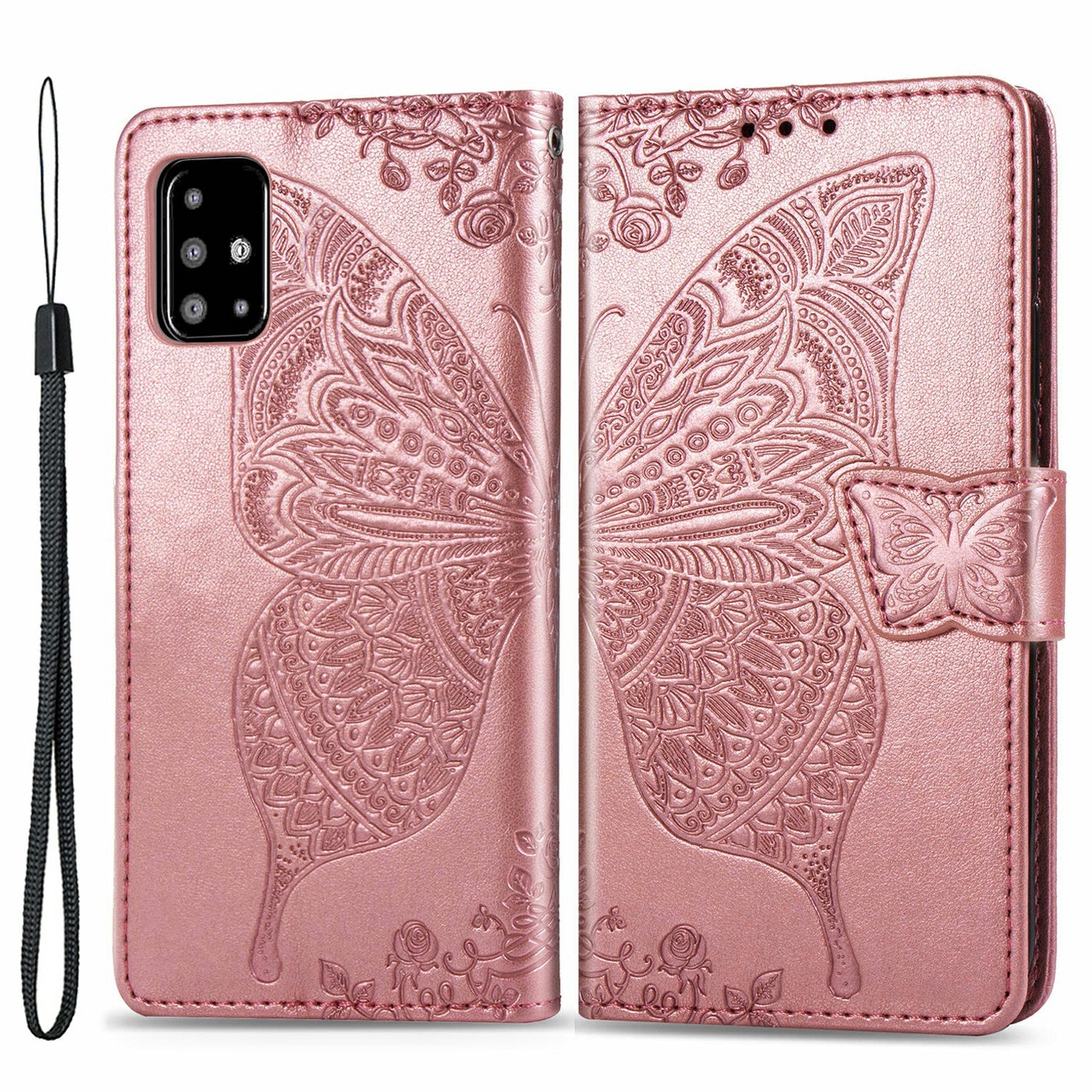 Til Samsung Galaxy A51 4G SM-A515 påtrykt sommerfuglemønster Anti-ridse telefonetui PU læder stativ tegnebogscover med rem
