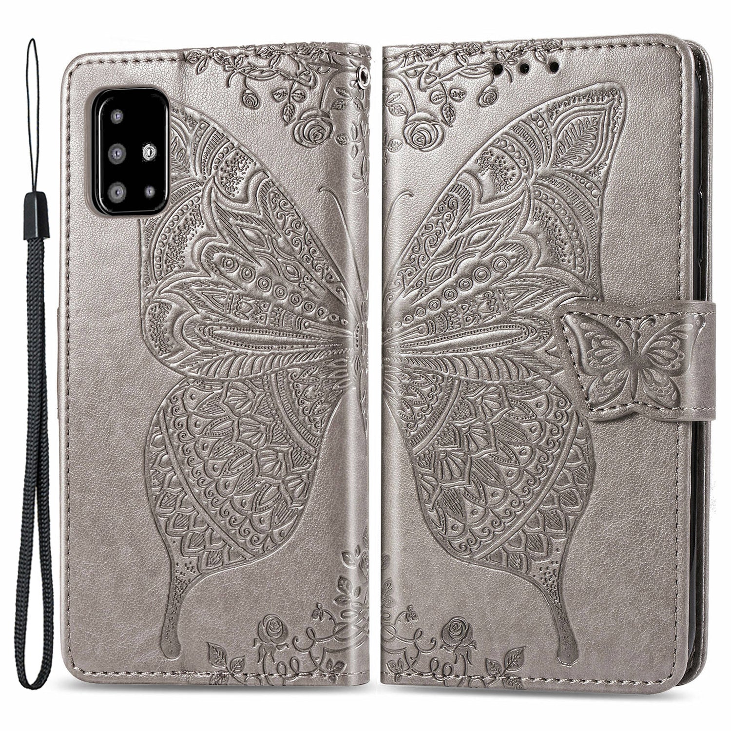 For Samsung Galaxy A71 4G SM-A715 Stand Wallet Phone Case PU Leather Imprinted Butterfly Pattern Magnetic Clasp Cover with Strap
