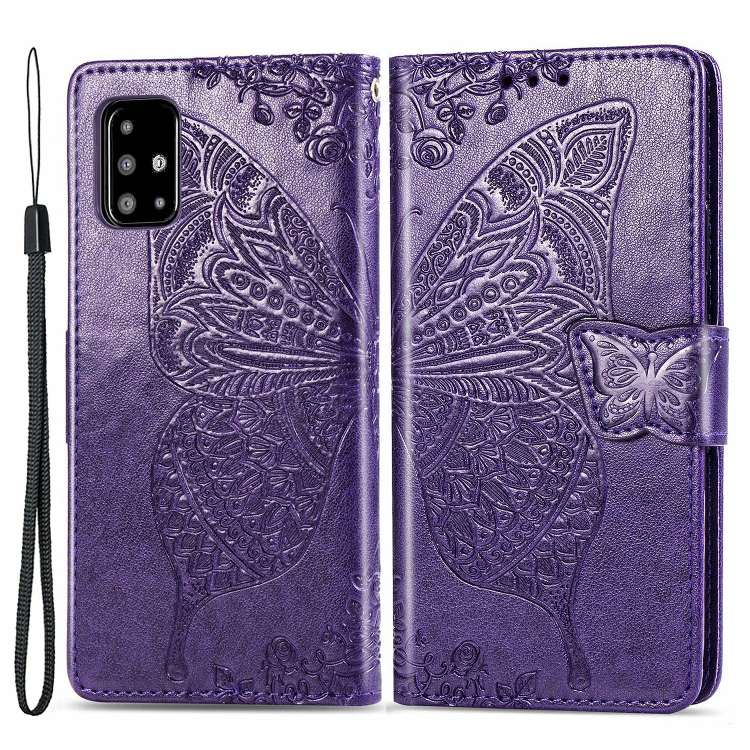 For Samsung Galaxy A71 4G SM-A715 Stand Wallet Phone Case PU Leather Imprinted Butterfly Pattern Magnetic Clasp Cover with Strap