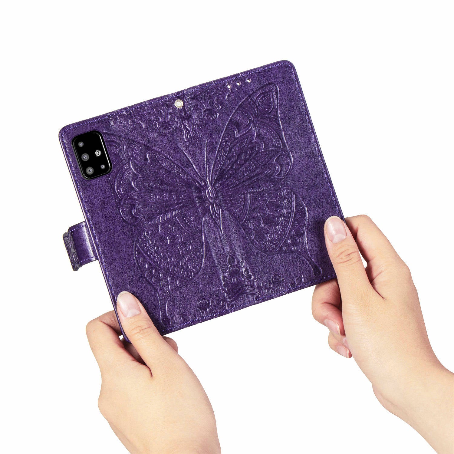 For Samsung Galaxy A71 4G SM-A715 Stand Wallet Phone Case PU Leather Imprinted Butterfly Pattern Magnetic Clasp Cover with Strap