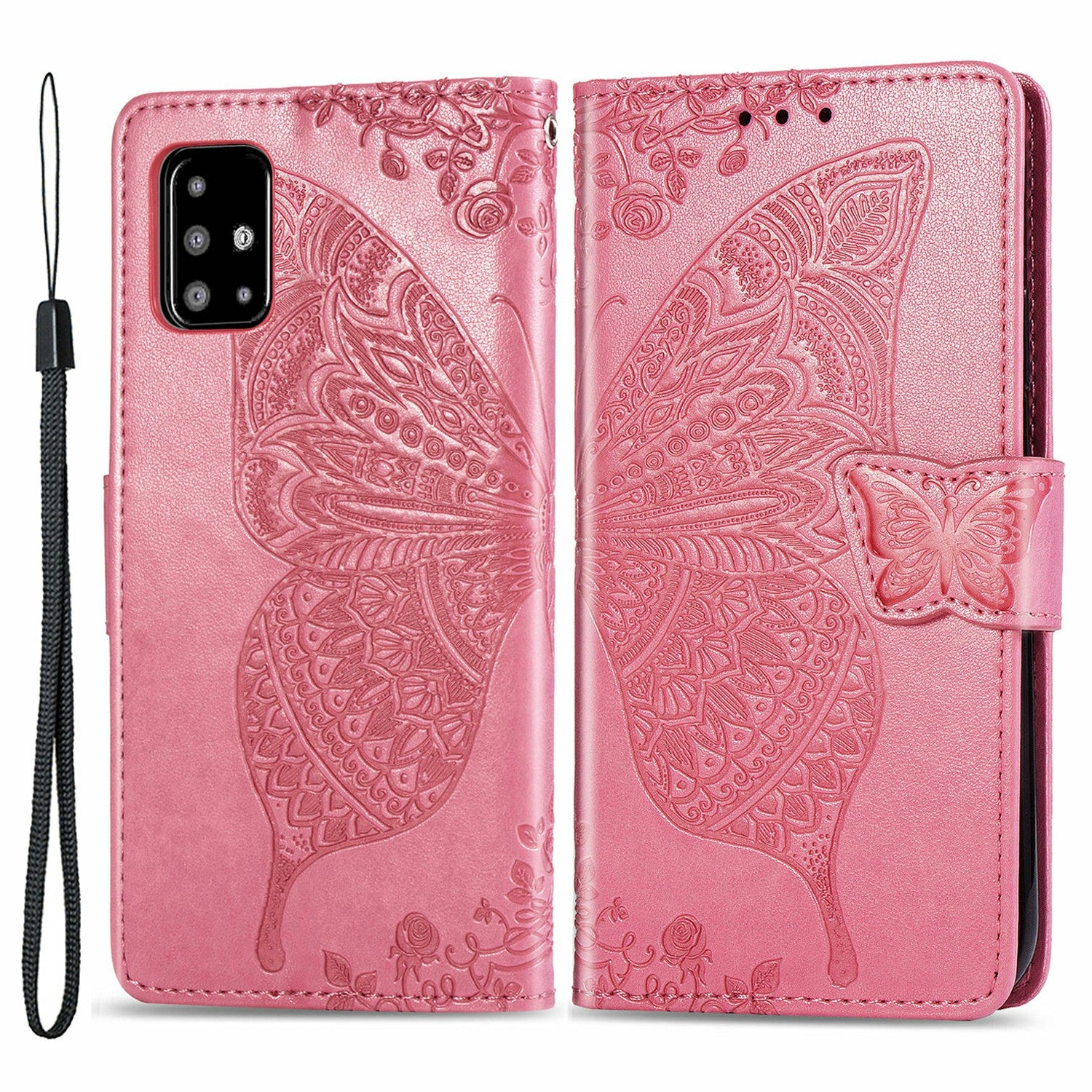 For Samsung Galaxy A71 4G SM-A715 Stand Wallet Phone Case PU Leather Imprinted Butterfly Pattern Magnetic Clasp Cover with Strap
