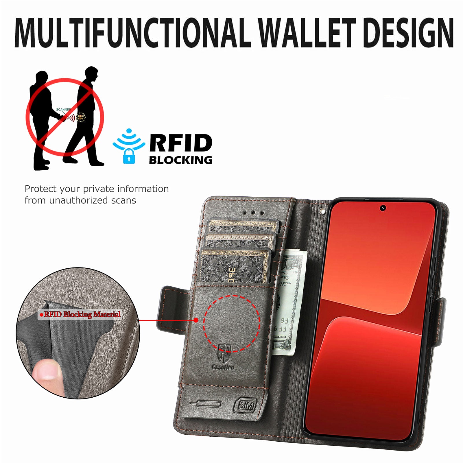 CASENEO 002 Series RFID Blocking Leather Case for Xiaomi 13 5G Business Splicing Style Stand Wallet Phone Cover