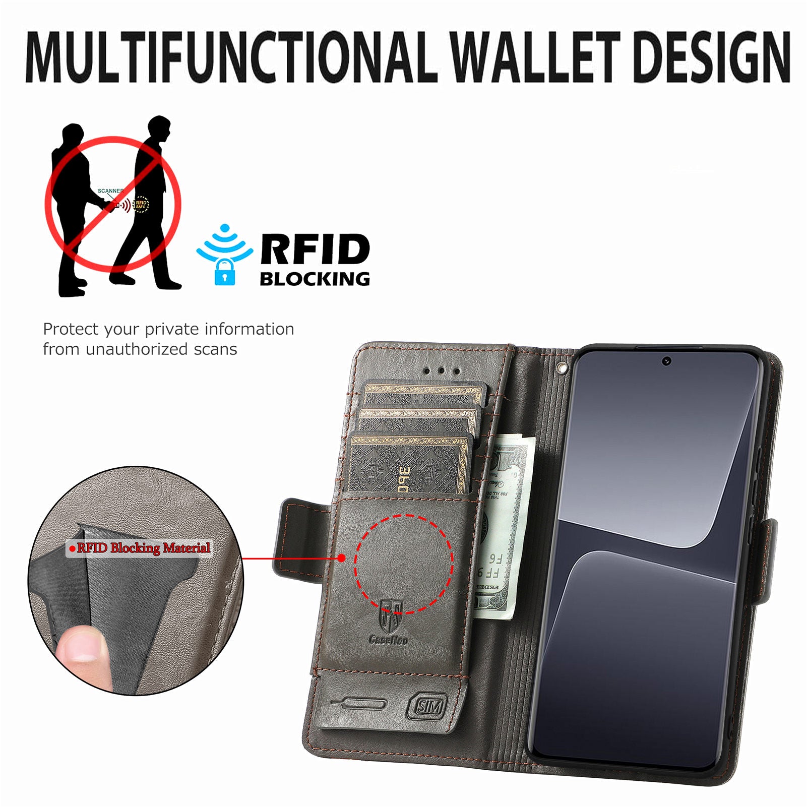 CASENEO 002 Series for Xiaomi 13 Pro 5G Business Splicing Phone Case PU Leather RFID Blocking Wallet Stand Folio Flip Cover