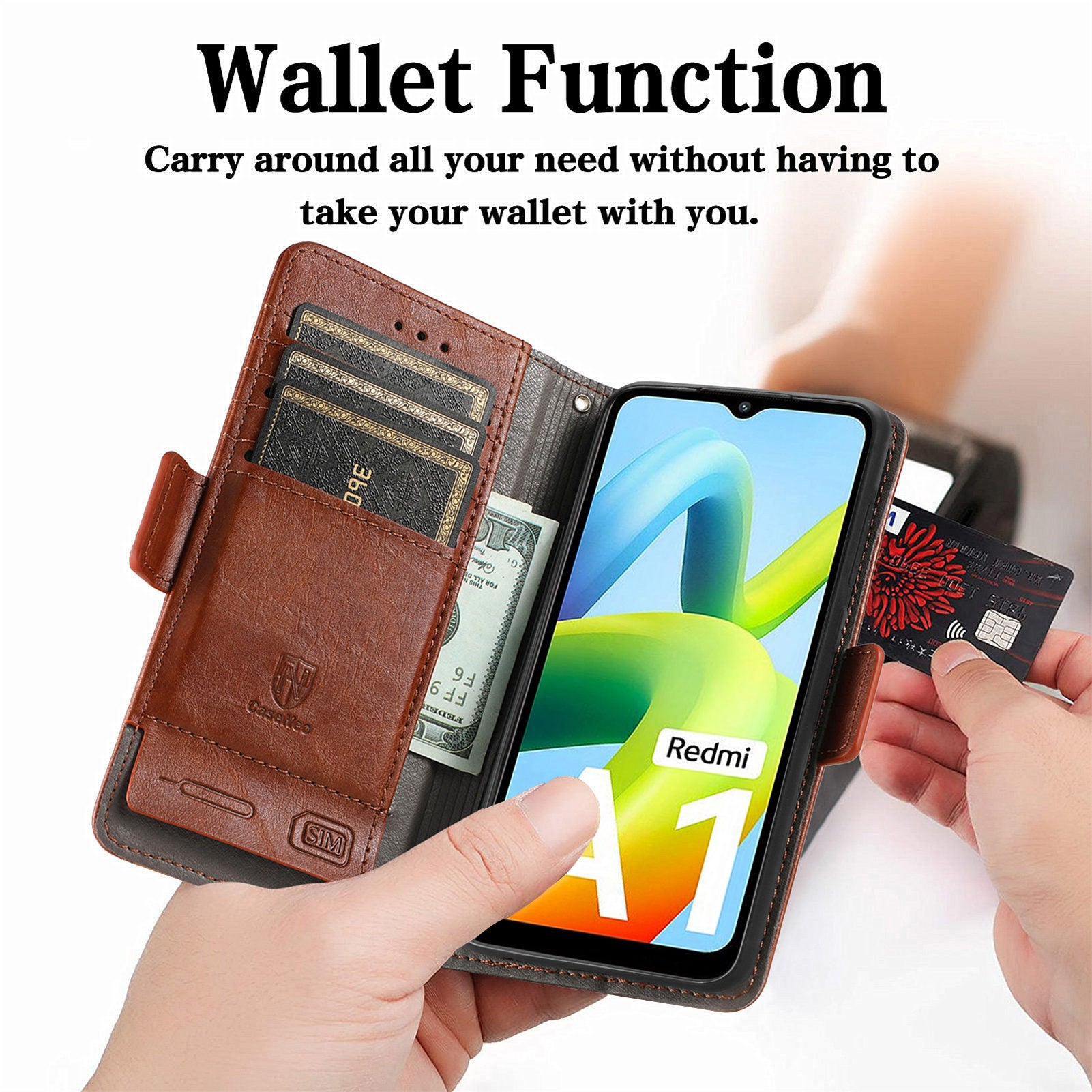 CASENEO 002 Series for Xiaomi Redmi A1 4G A2 4G Mobile Phone Case Wallet Stand PU Leather RFID Blocking Business Splicing Style Phone Cover